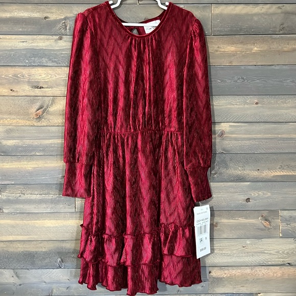Rare Editions Other - New Rare Editions Long Sleeve Textured Velvet Tiered Dress Size 8 Color Burgundy
